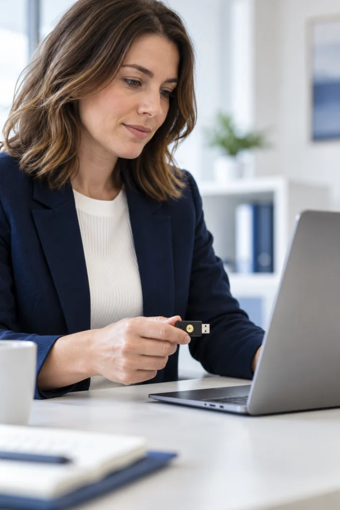 Portrait close-up of an accounting practice administrator holding a hardware security key near an unbranded laptop, natural hands, screen turned away, neutral office. (AI-generated concept)