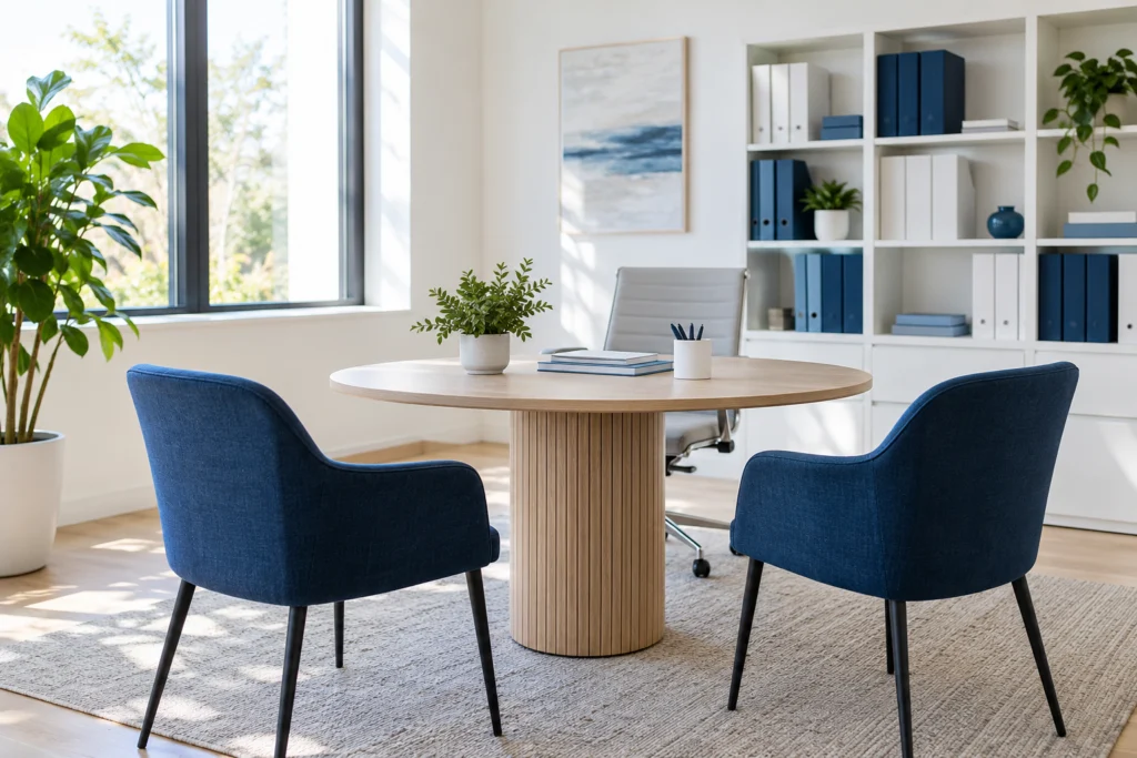 Bright small bookkeeping office meeting area with two empty visitor chairs and a clean round consultation table, shelves with plain closed folders, no text or signs. (AI-generated concept)