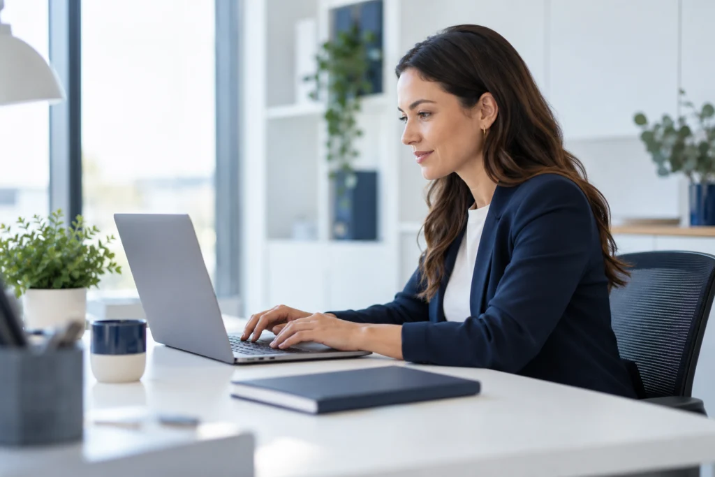 Candid side view of an accountant at an unbranded laptop responding to a prospective business enquiry, bright professional office, screen facing away, plain closed notebook. (AI-generated concept)