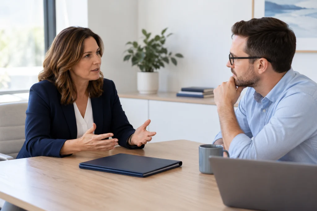 Accounting practice owner and website specialist discussing responsibilities at a quiet meeting table with a plain closed folder, candid profiles, realistic warm-neutral daylight. (AI-generated concept)