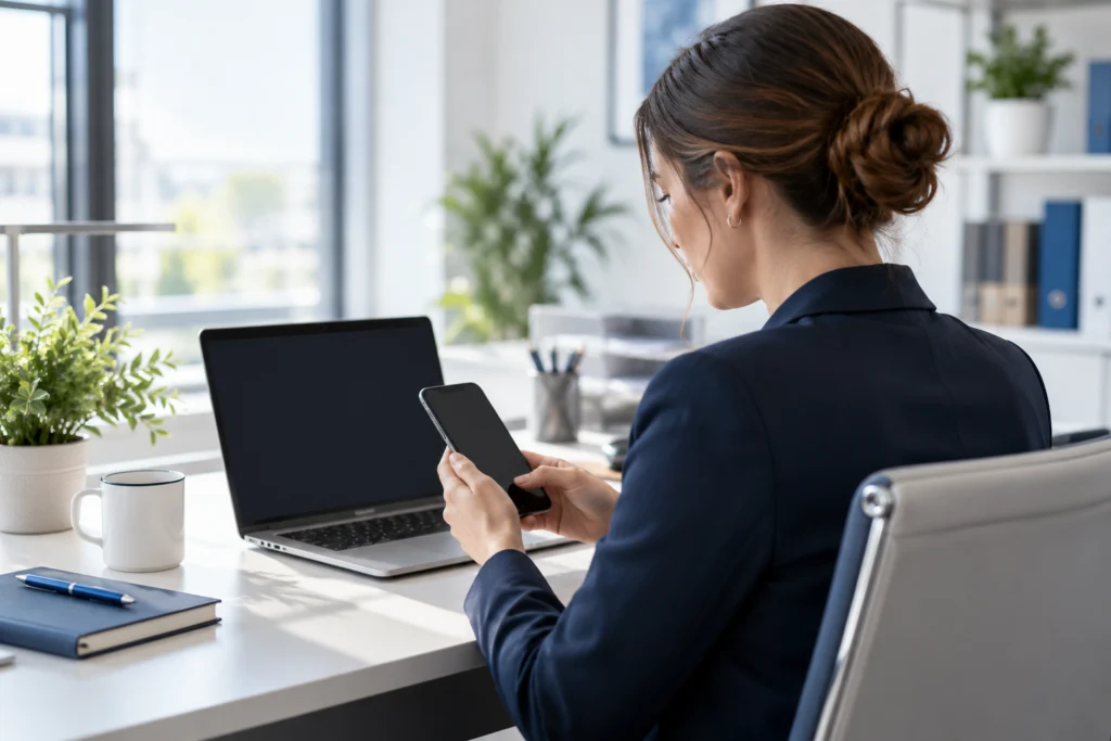 Accounting office colleague checking an unbranded phone next to an open laptop seen from behind, no visible interface, calm daylight, three-quarter environmental portrait. (AI-generated concept)
