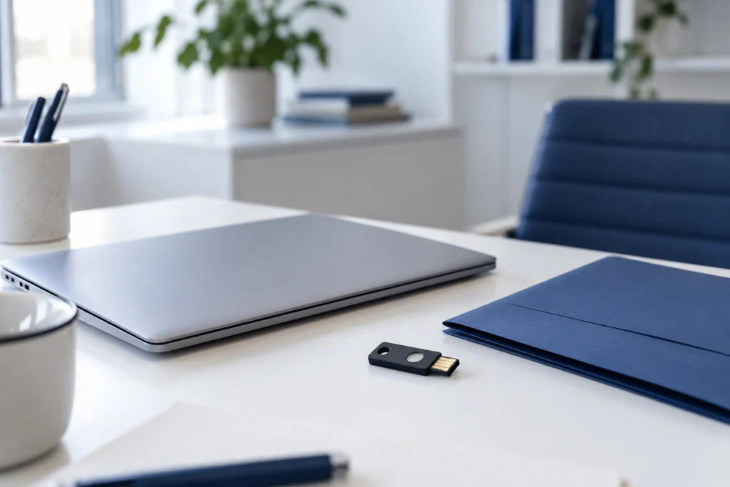 Unbranded closed laptop beside a hardware security key and plain document folder on a clean accounting desk, close editorial still life, no readable content. (AI-generated concept)