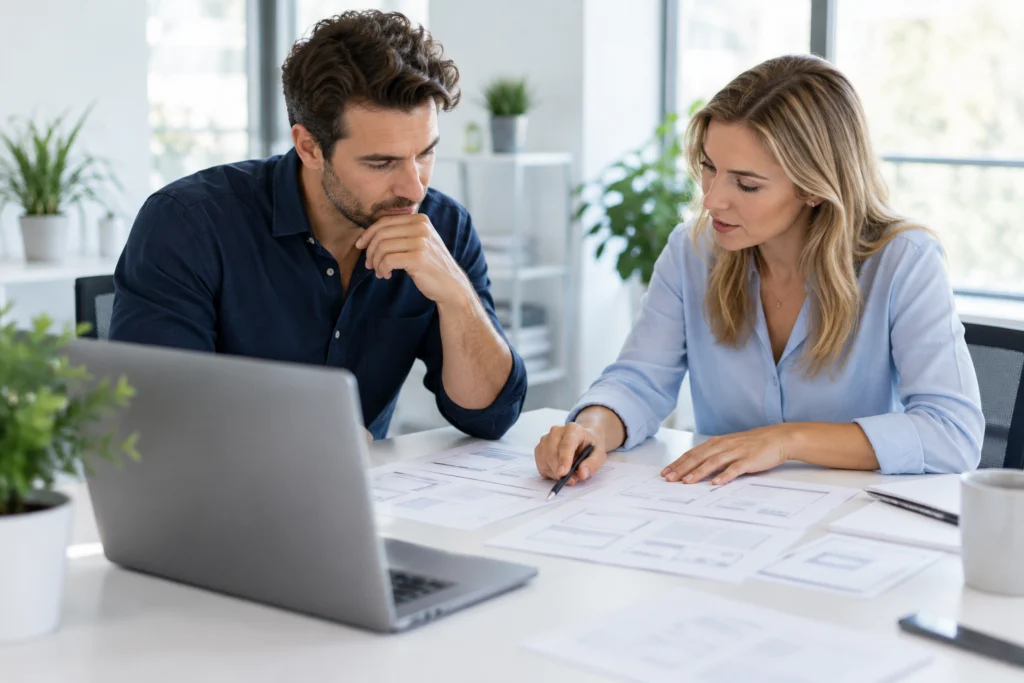 Accountant and website specialist reviewing blank page-layout sheets at a bright meeting table, unbranded laptop seen from behind, candid diagonal composition, no readable documents. (AI-generated concept)