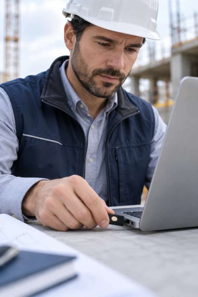 Portrait of construction website editor plugging an unbranded security key into a laptop, screen not visible (AI-generated concept)