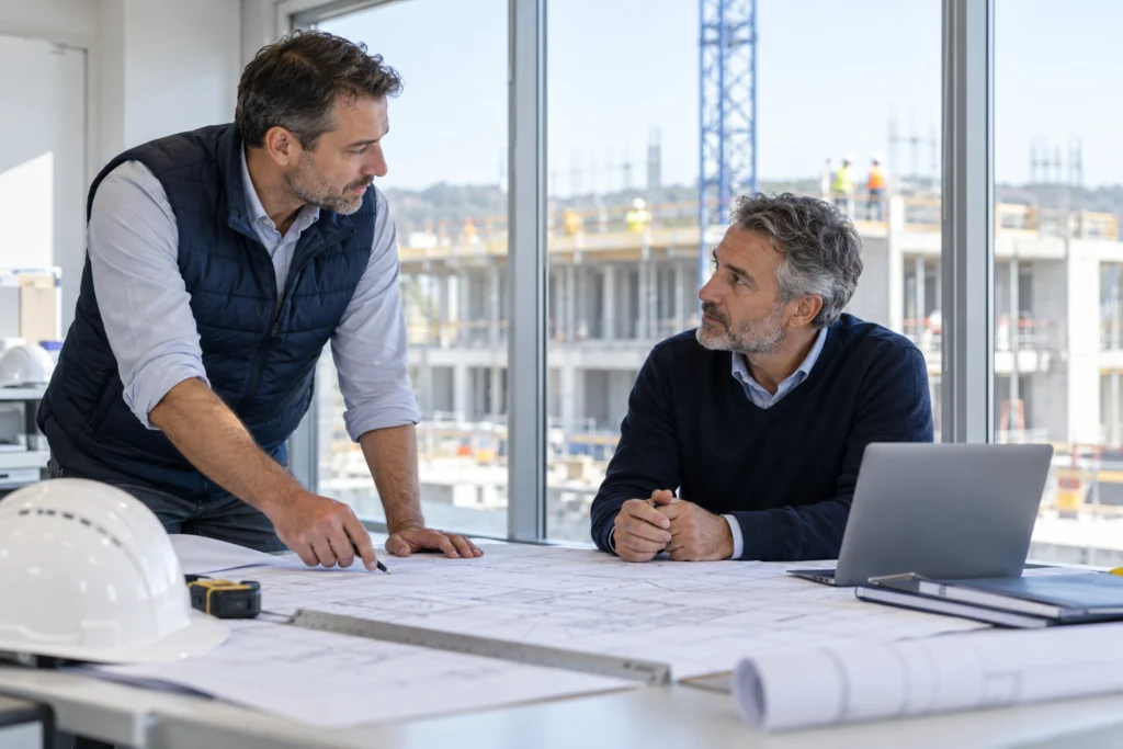 Two building contractor managers meeting in a bright project office overlooking a site, no visible private information (AI-generated concept)