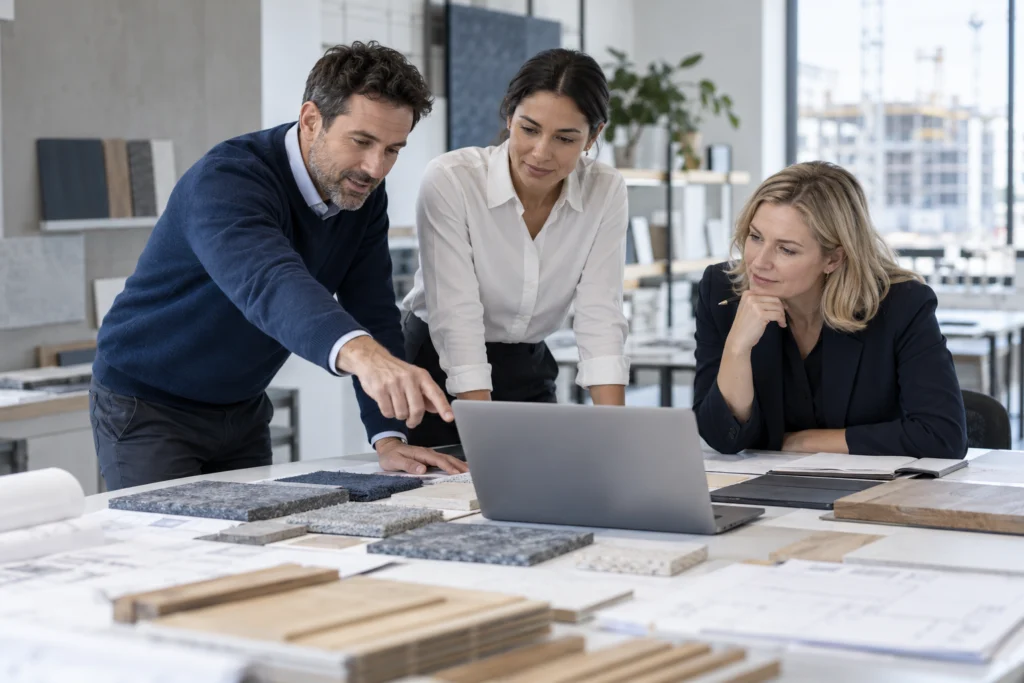 Construction procurement colleagues discussing website supplier contacts at a sample-material table, medium wide candid view (AI-generated concept)