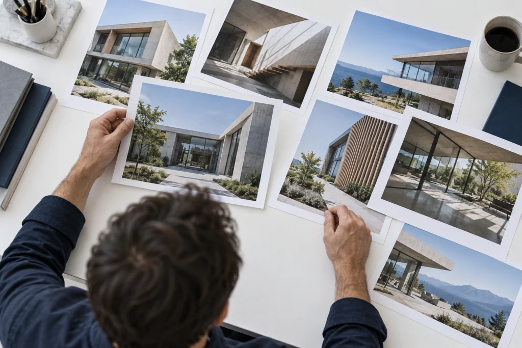 Architectural photographer reviewing unbranded printed photographs of completed modern buildings on a white table, overhead composition (AI-generated concept)