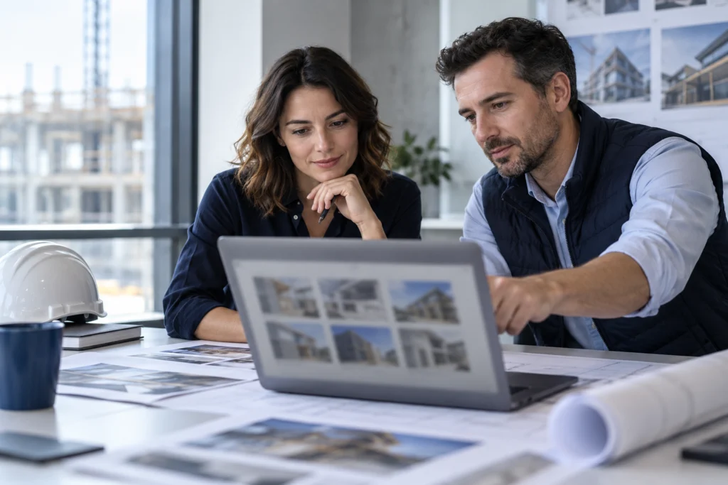 Marketing editor and project manager jointly approving website portfolio photographs, laptop screen blurred (AI-generated concept)