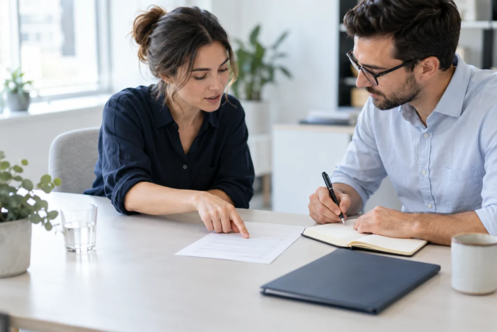 Agency website owner receiving a practical action handover at a meeting table (AI-generated concept)