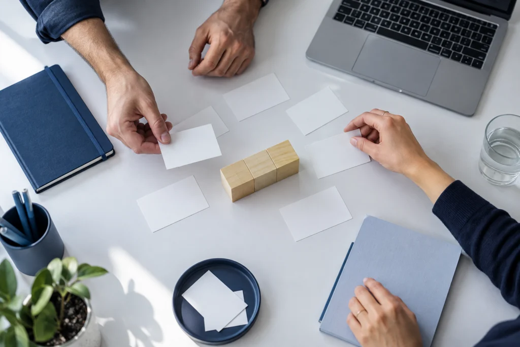 Agency operations team mapping public website connections using plain materials (AI-generated concept)