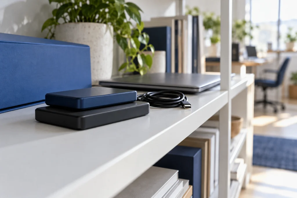 Plain backup drives and a closed workstation in an agency recovery-planning scene (AI-generated concept)
