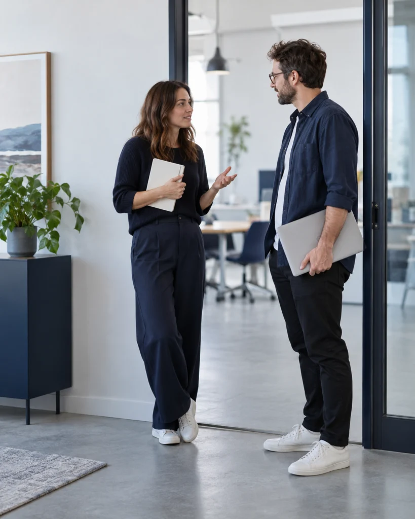 Agency project lead and developer discussing website access at a studio doorway (AI-generated concept)