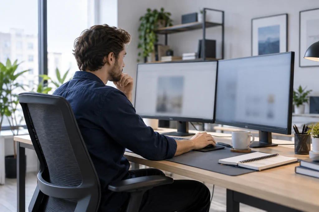 Website specialist preparing a controlled update in an agency production studio (AI-generated concept)