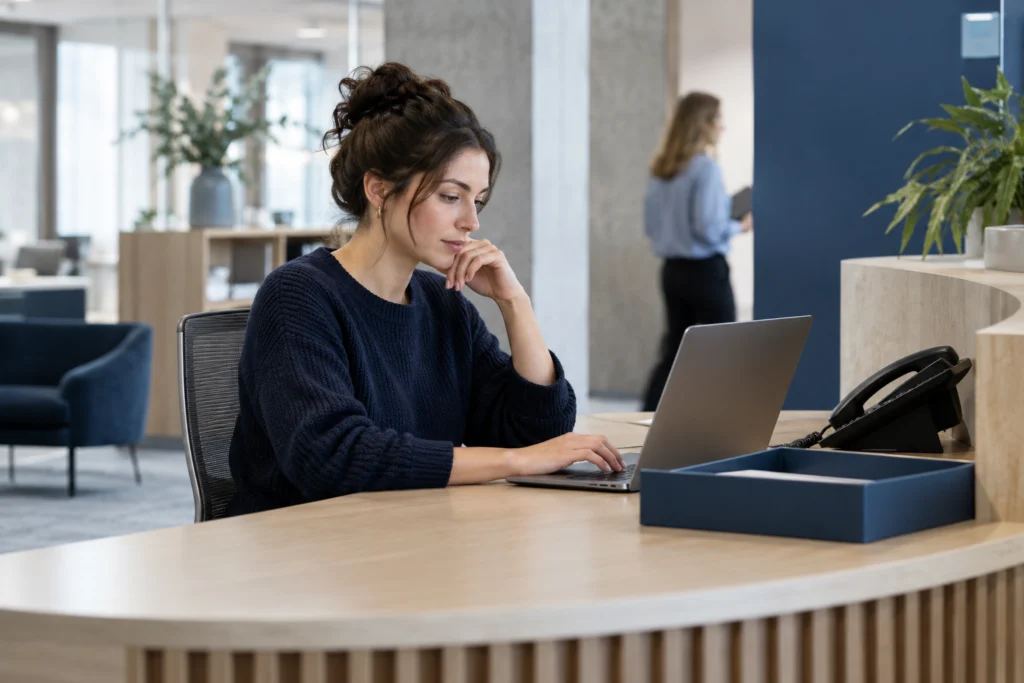 Agency producer reviewing incoming website enquiries at a quiet desk (AI-generated concept)