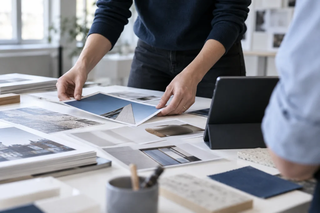 Creative editor selecting generic photographic material for an agency portfolio (AI-generated concept)