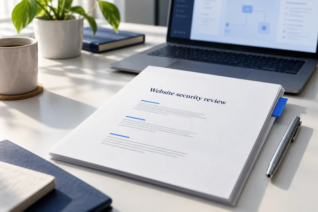 Original conceptual still-life of a website security review dossier beside a laptop