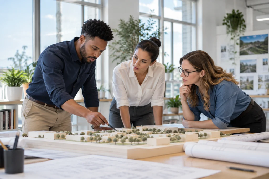 Architecture and engineering professionals collaborating around a site model (AI-generated concept)