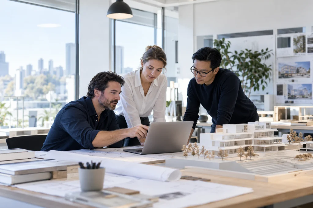 Architecture and engineering team reviewing a portfolio website beside a building model (AI-generated concept)