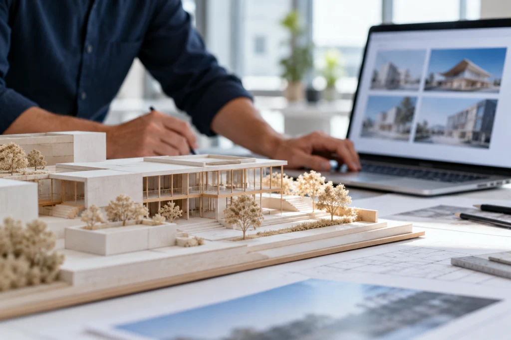 Architectural model beside a laptop showing blurred project portfolio images (AI-generated concept)