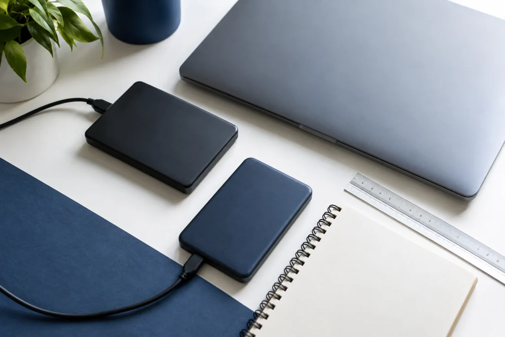 Backup drives, laptop and blank notebook prepared for a recovery discussion (AI-generated concept)