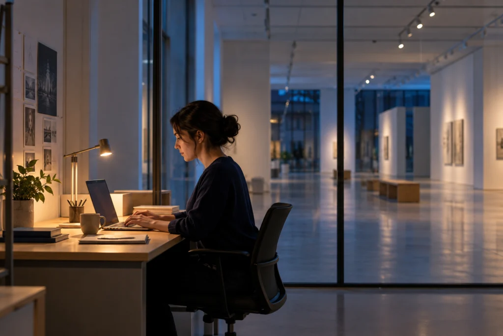 Website release planning outside gallery opening hours (AI-generated concept)