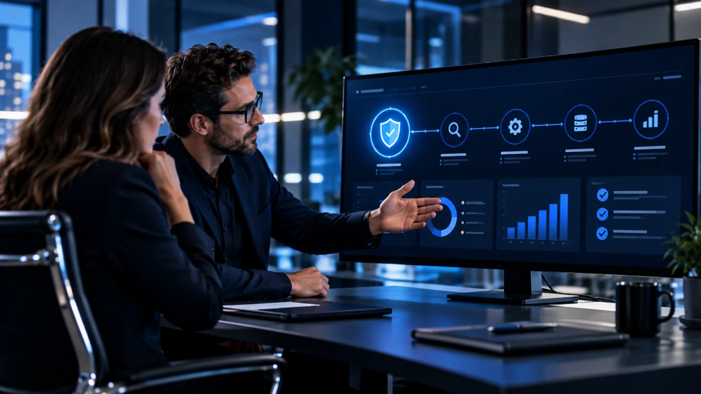 Cybersecurity consultant discussing website audit priorities with a business client