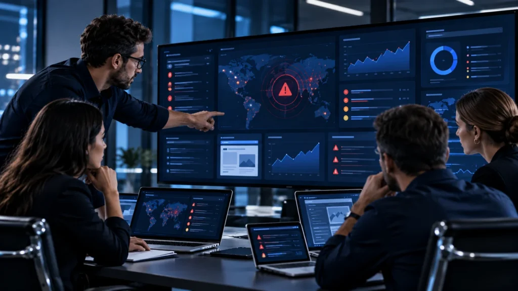 Cybersecurity team examining website threats and security findings on an analysis dashboard