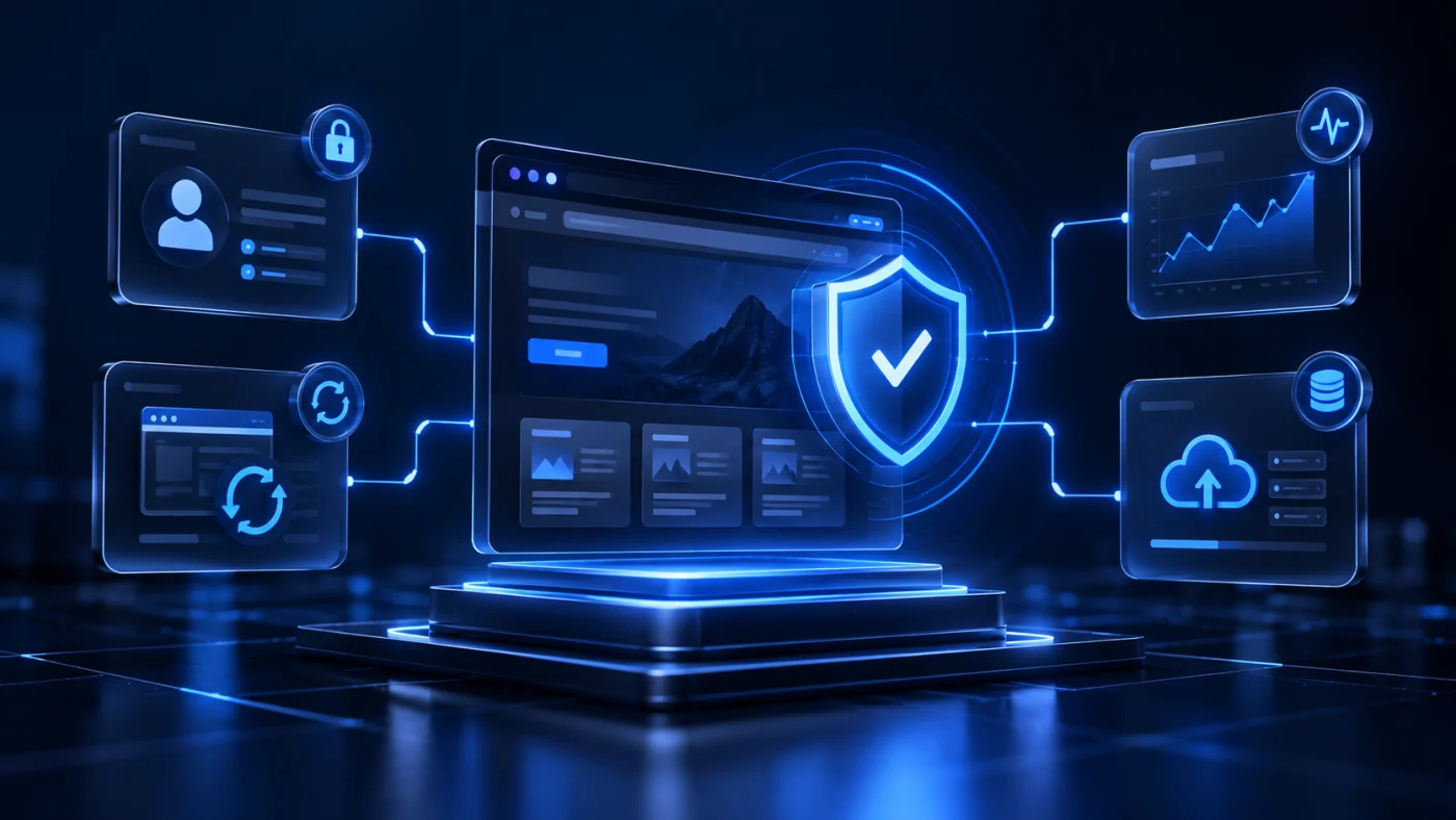 Concept image of website security layers including software updates and monitoring