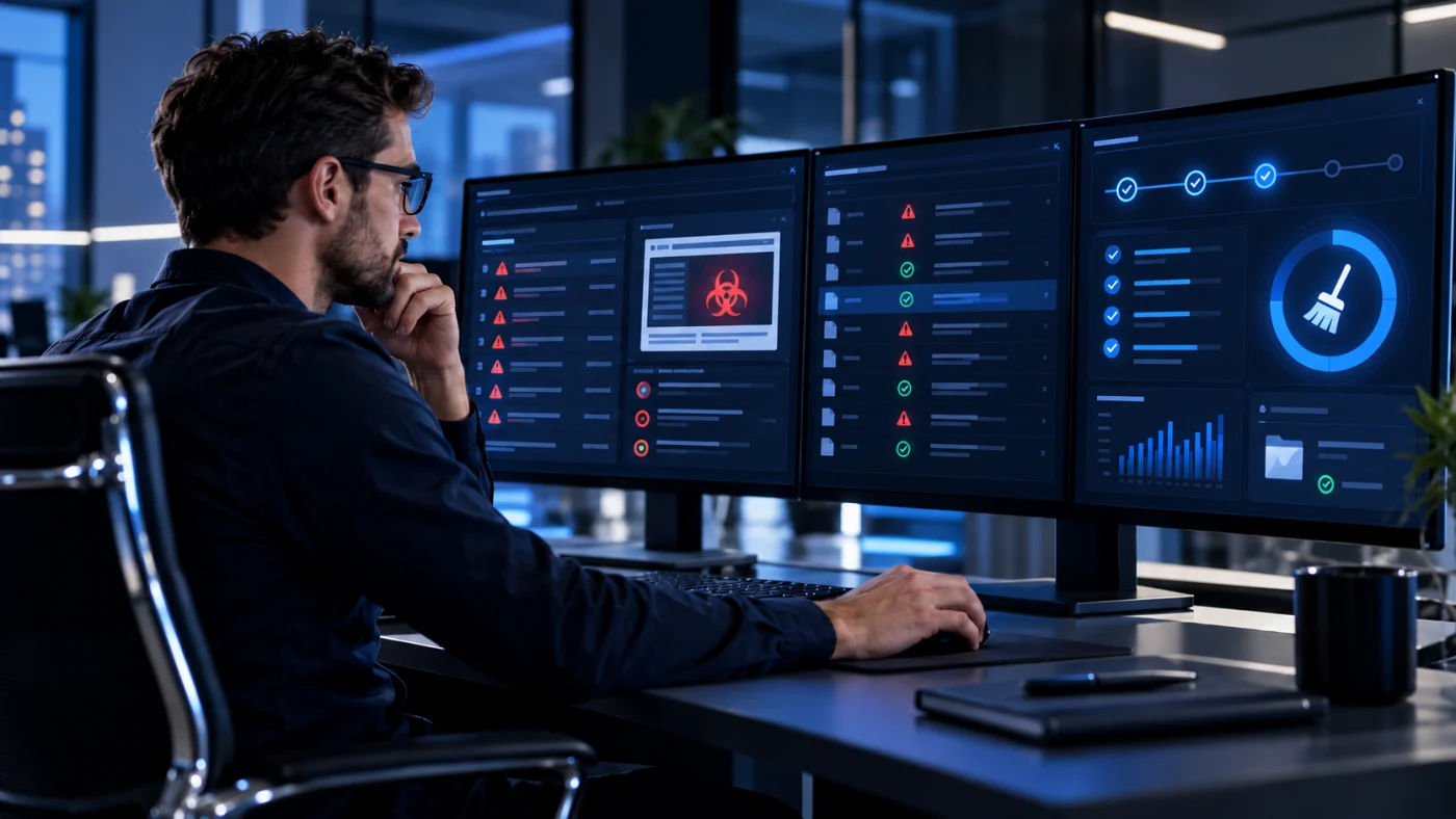 Cybersecurity specialist reviewing malware indicators and file integrity results