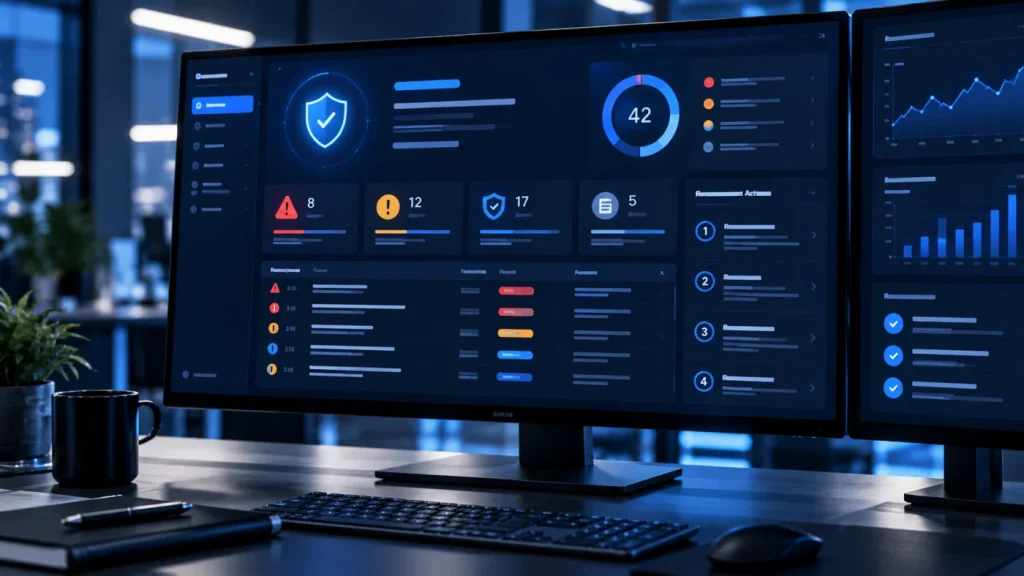 Illustrative website security assessment dashboard showing prioritized technical findings