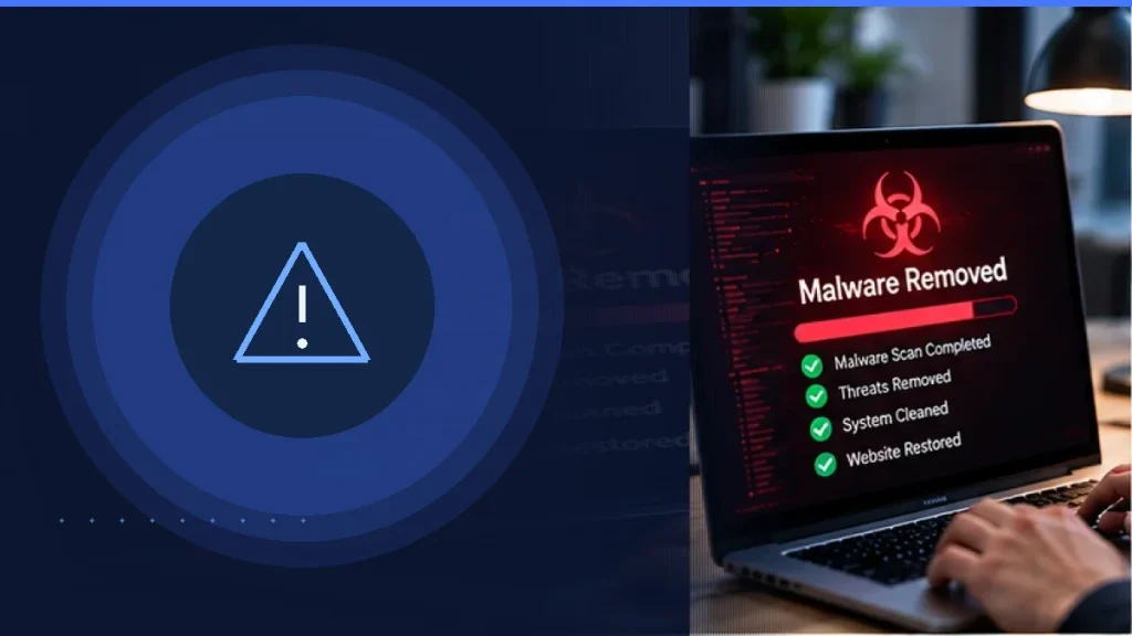 Illustrative malware cleanup dashboard with a list of completed remediation tasks (AI-generated conceptual image)