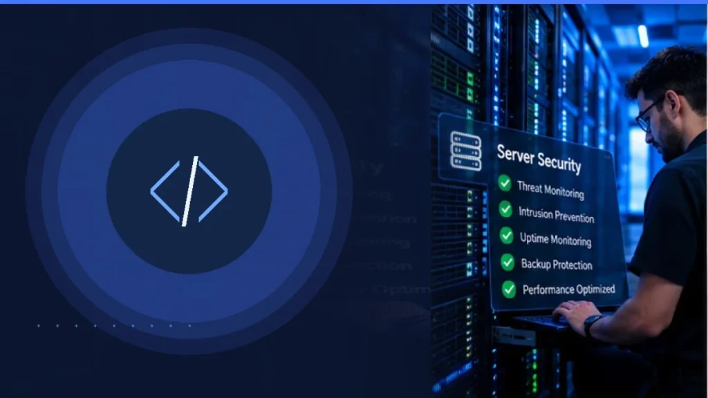 Server room with technician reviewing a conceptual hosting security dashboard (AI-generated conceptual image)