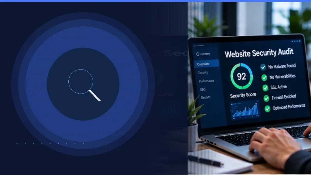 Conceptual website security audit dashboard displaying a security score and checklist (AI-generated conceptual image)
