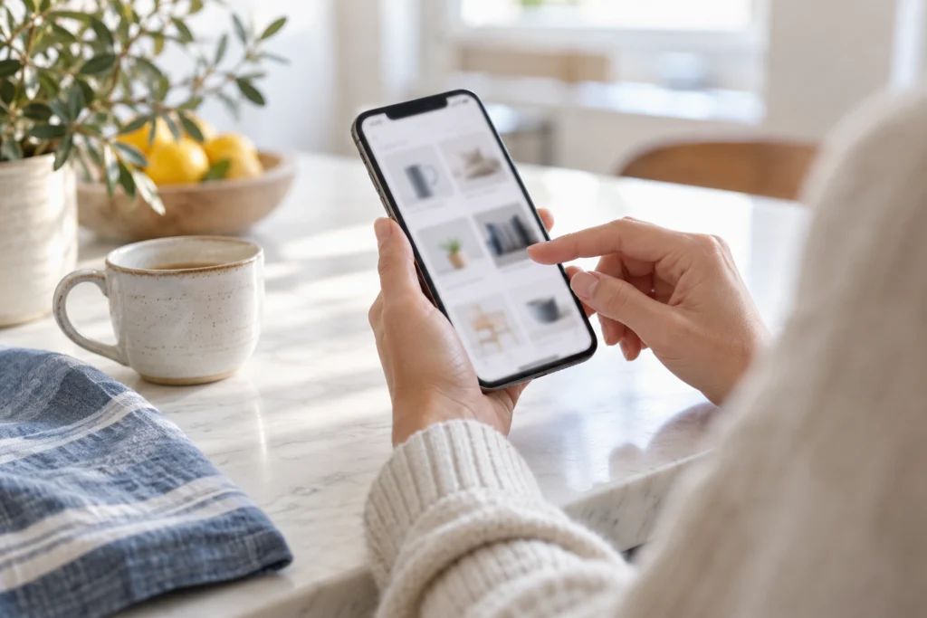 Shopper browsing an unbranded product catalogue on a phone beside a ceramic cup (AI-generated concept)