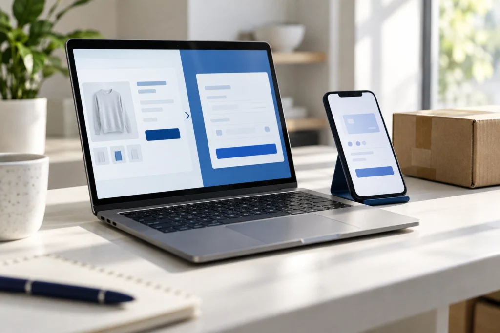 Laptop and phone used to plan a store checkout journey without customer or payment data (AI-generated concept)