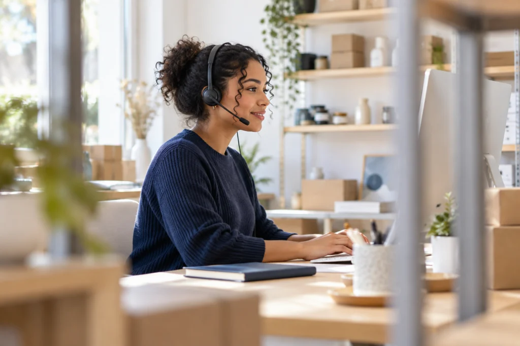 Store support specialist reviewing an account-help journey with no customer records visible (AI-generated concept)