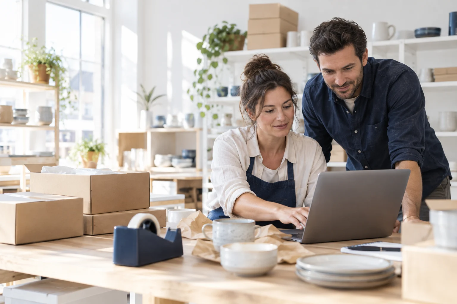 Online store operations team checking a storefront beside packed parcels (AI-generated concept)
