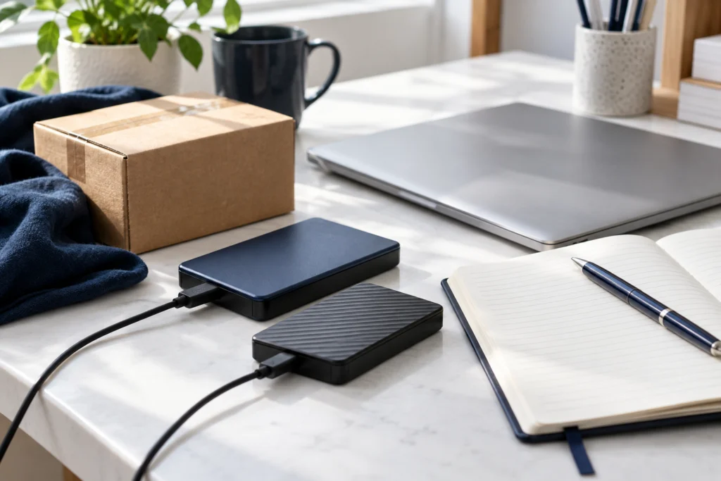 Backup storage devices beside a store fulfilment notebook and closed laptop (AI-generated concept)