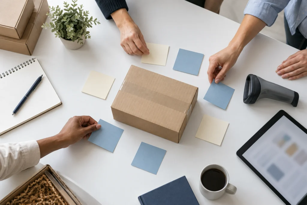 Online shop team mapping order and fulfilment connections with blank notes (AI-generated concept)