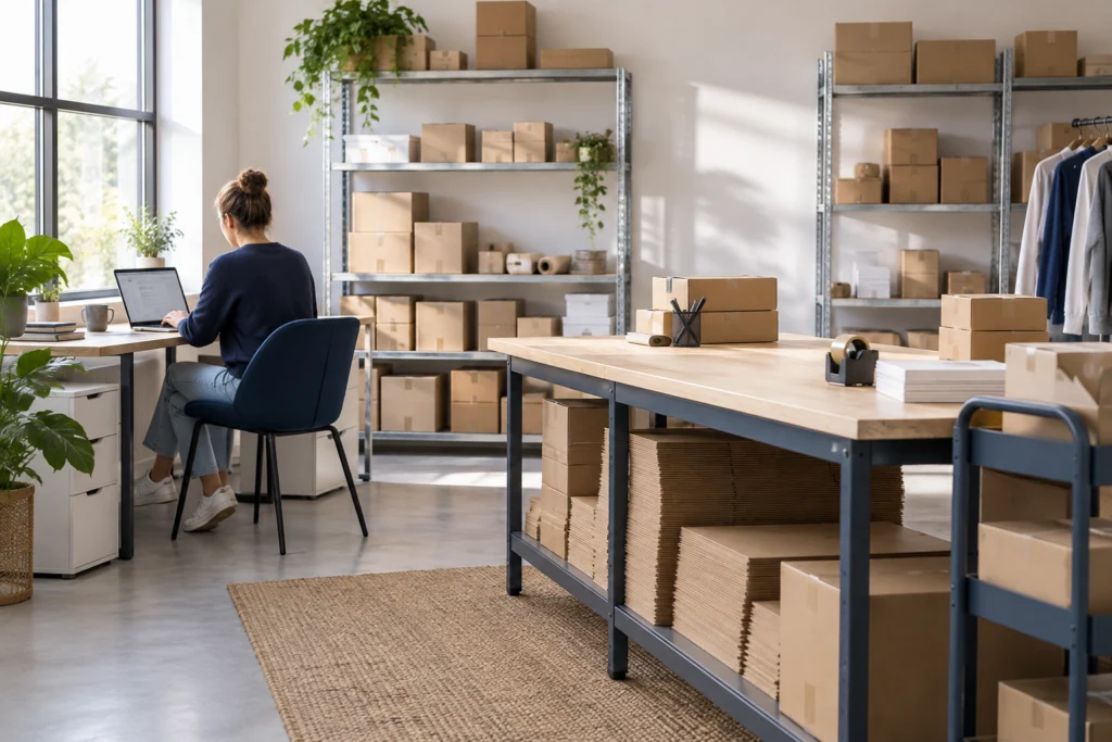 Website specialist planning a store update in a quiet fulfilment workspace (AI-generated concept)
