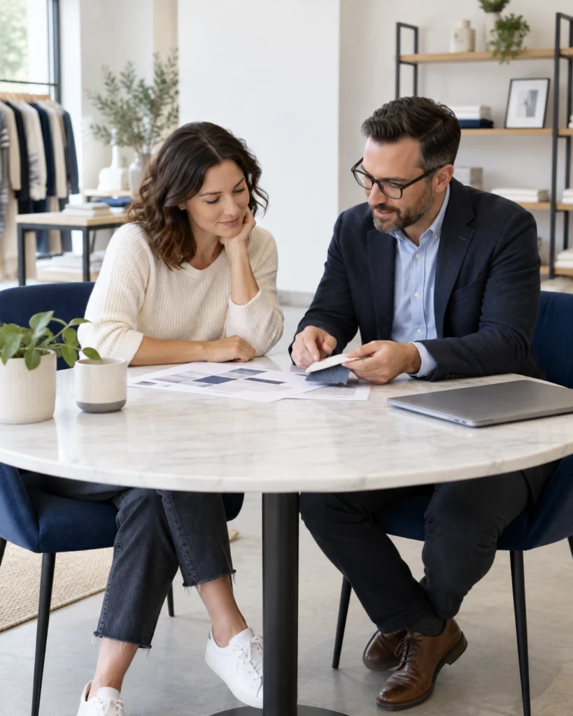 Retail owner and website consultant discussing the boundaries of a store review (AI-generated concept)