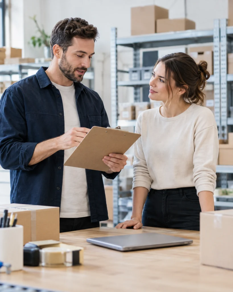 Store manager and fulfilment colleague discussing website access responsibilities (AI-generated concept)