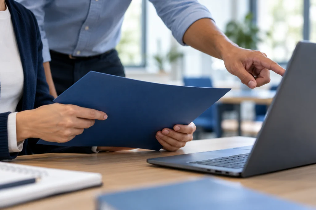 Education website owner reviewing a plain action handover beside a blue folder (AI-generated concept)