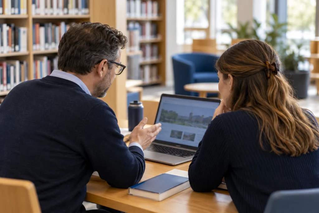 Adult course editor reviewing public course information with an academic colleague (AI-generated concept)