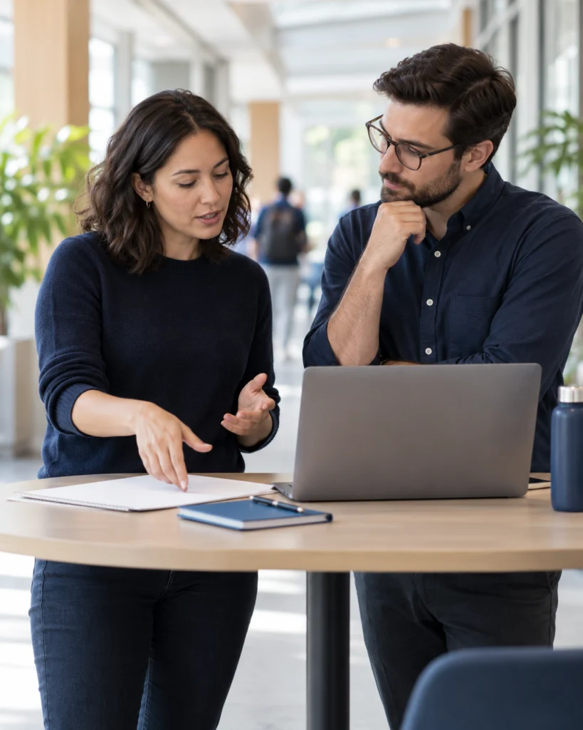 Campus communications manager discussing website access with a department editor (AI-generated concept)