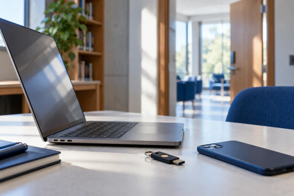 Laptop and phone beside a campus study space for learning-platform link review (AI-generated concept)