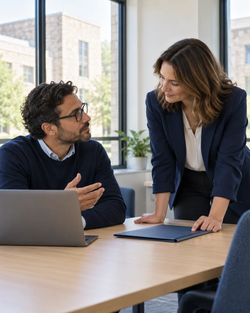 Campus IT lead and admissions manager agreeing the scope of a website review (AI-generated concept)