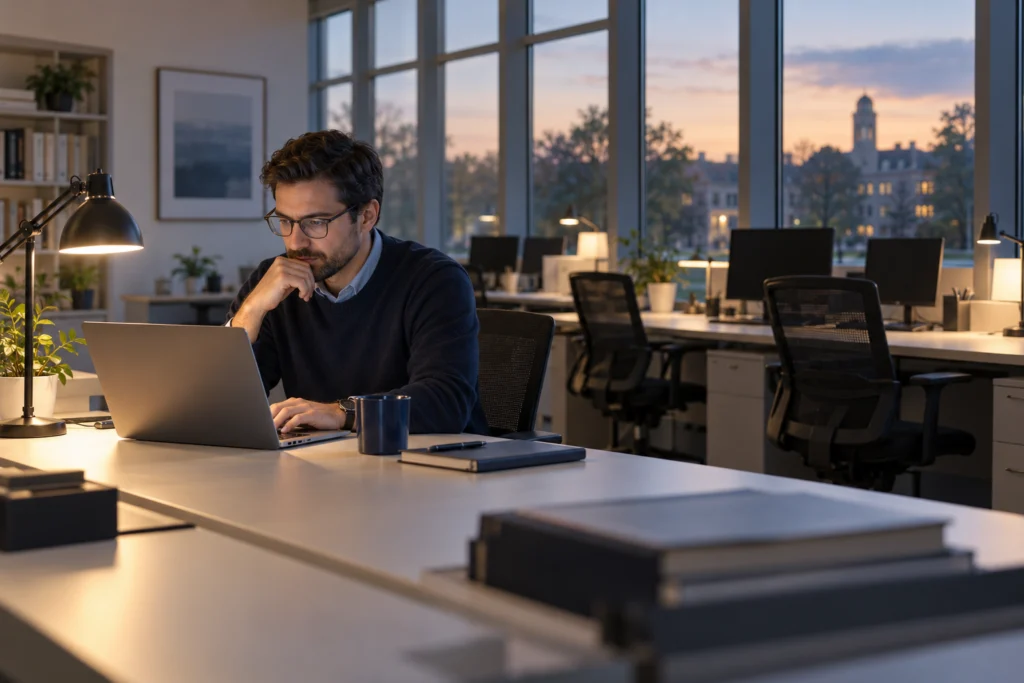 Website specialist preparing a planned change in a quiet campus office (AI-generated concept)