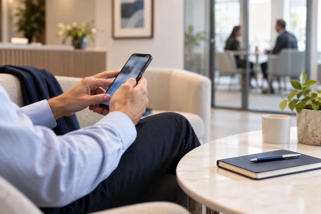 Person arranging a financial adviser appointment on a phone beside a notebook (AI-generated concept)