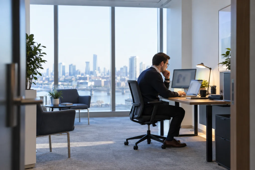 Website specialist preparing a planned change in a quiet financial office (AI-generated concept)